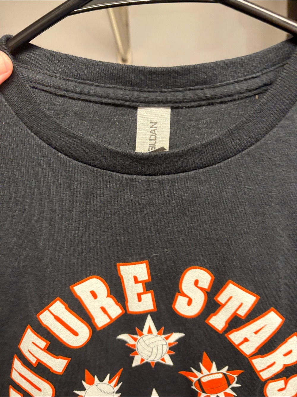 Gildan Black Tee with Orange and White Varsity Graphic